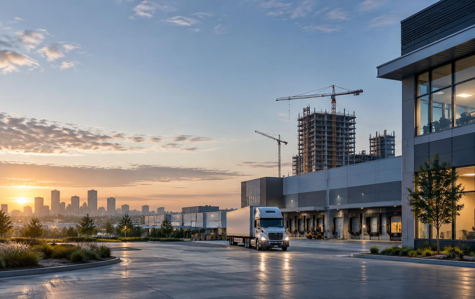 Commercial construction, logistics, and office operations at sunrise
